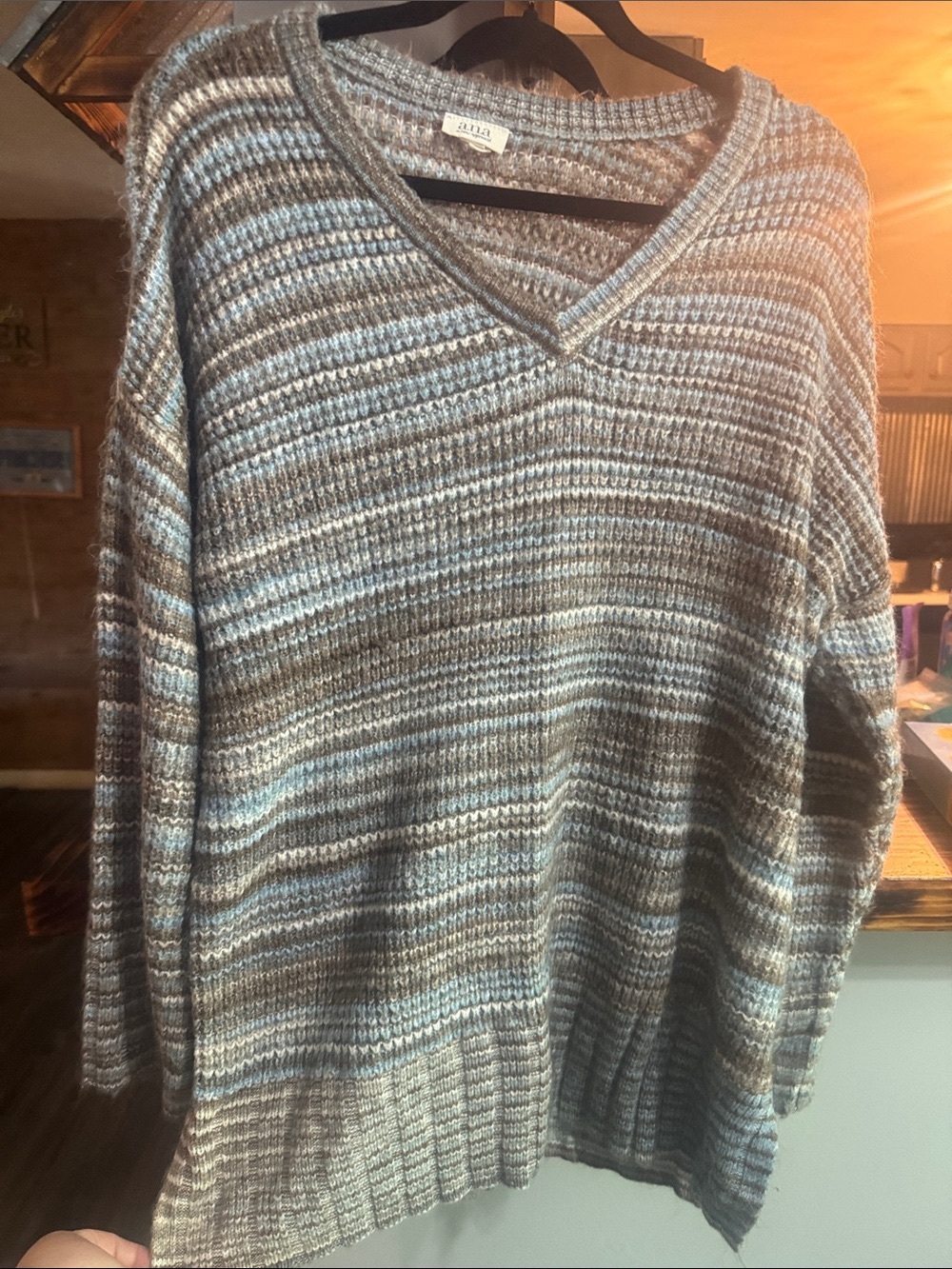 Vince Striped V-Neck Sweater in Blue and Gray